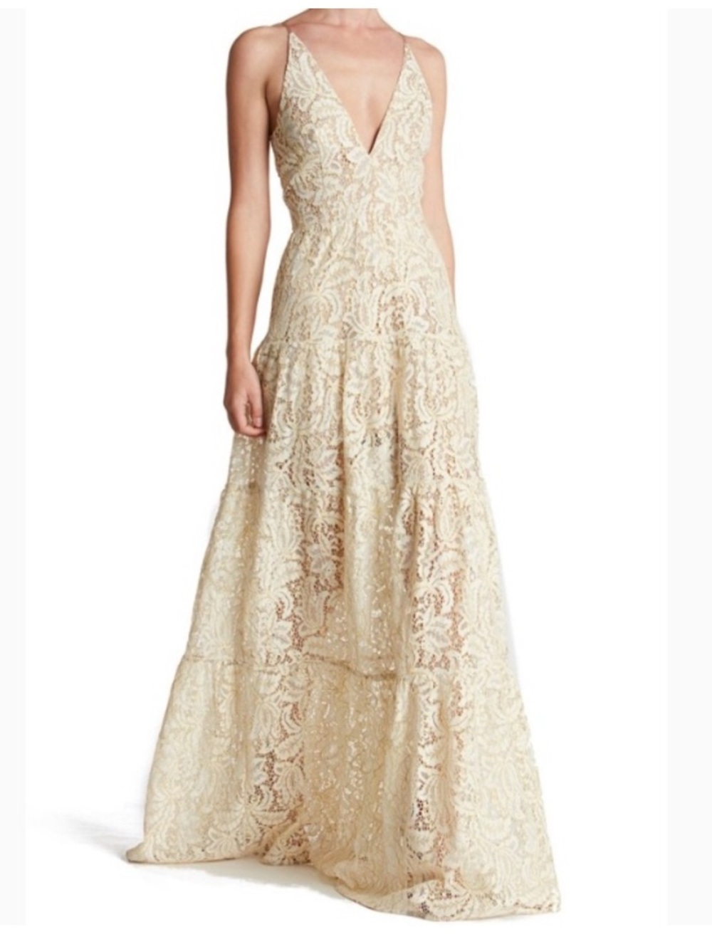 Dress The Population Melina Lace Formal Long Dress Gown Gold Lace Size S